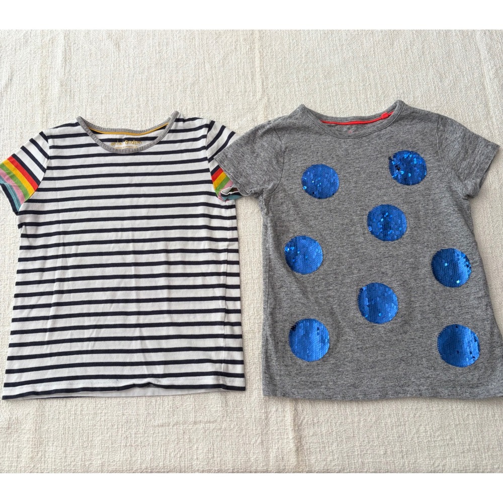 Mini Boden Girls 2 Pack T-Shirts Size 6-7Y Rainbow Stripe & Blue Sequin Dots